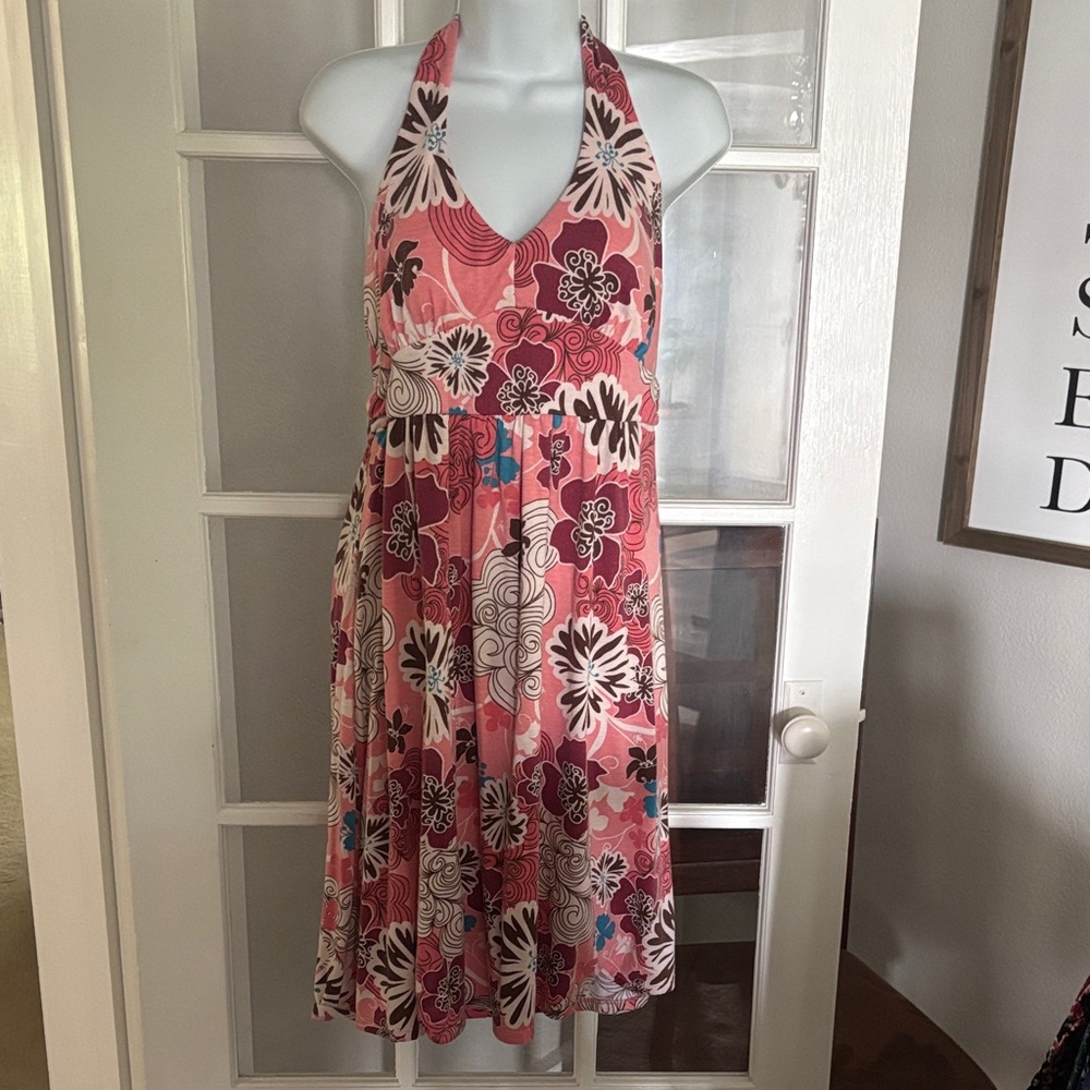 Faded Glory Pink and Brown Floral Halter Dress